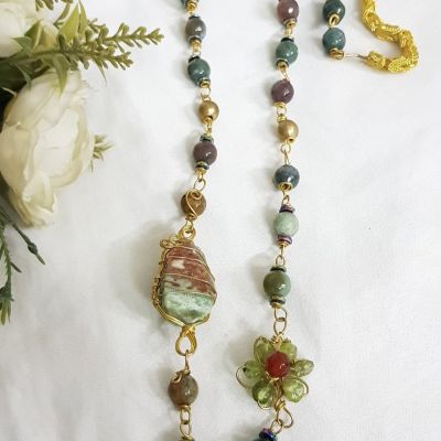 عقد مميز من الكارنيليان وموسى جاد مع فواصل من الهيماتيت💚🧡🧡