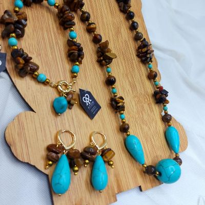  طقم كوليه واسوره وحلق من احجار التايجر والفيروز