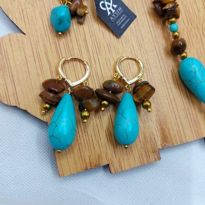  طقم كوليه واسوره وحلق من احجار التايجر والفيروز