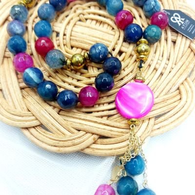 مسبحه٣٣ من احجار العقيق وفواصل هيماتيت وسلاسل دهب صينى جولد