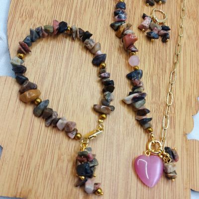 A set including a necklace, earrings, and a bracelet, made from broken agate stones