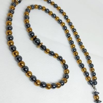 A 99-bead prayer necklace made from hematite stones.