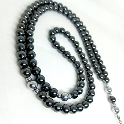 A 99-bead prayer necklace made from hematite stones.