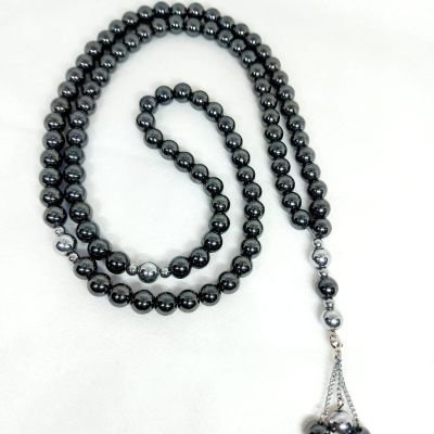 A 99-bead prayer necklace made from hematite stones.