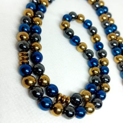 A 99-bead prayer necklace made from hematite stones.