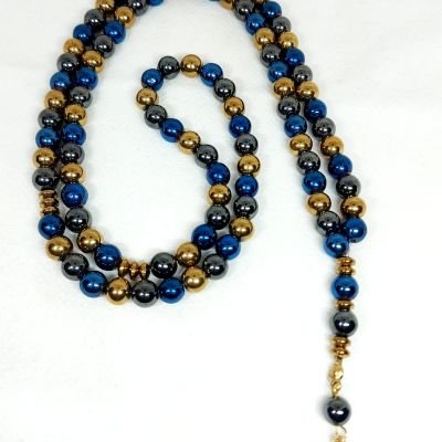 A 99-bead prayer necklace made from hematite stones.