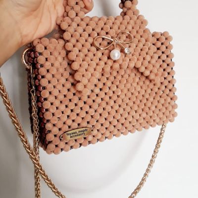 Beige velvet beaded bag