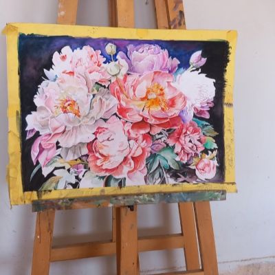 لوحة ازهار الربيع بالوان اكوريل