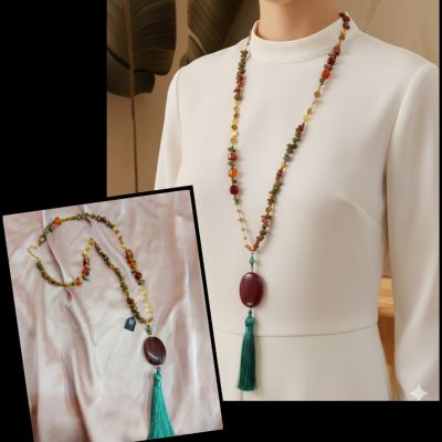 عقد ديزاين طويل من احجار العقيق والجاسبر وفواصل هيماتيت