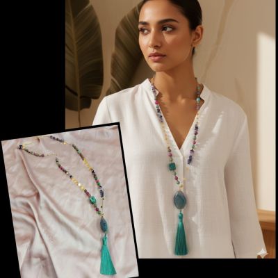 عقد ديزاين طويل من احجار العقيق وفواصل هيماتيت