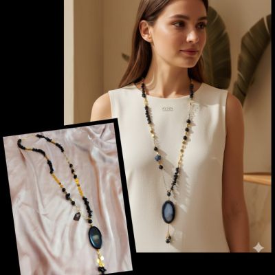 Long design necklace made of agate stones with hematite spacers