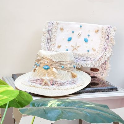 طقم صيفي يدوي – قبعة وحقيبة بتفاصيل بحرية