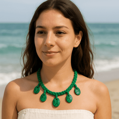 قلادة من خرز الخشب الأخضر الكروشيه