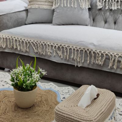 طقم سفرة جوت بحافة زرقاء وعلبة مناديل