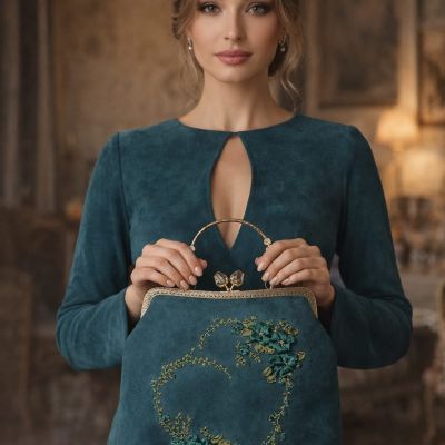 Handcrafted Natural Chamois Leather Bag with Satin Ribbon Embroidery 