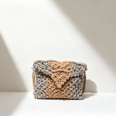 Handmade Two-Tone Macram&eacute; Women&rsquo;s Shoulder Bag in Taupe and Soft Orange