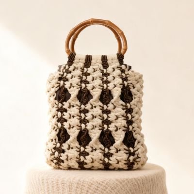 حقيبة يد مكرمية بوهو &ndash; لون كريمي وبني