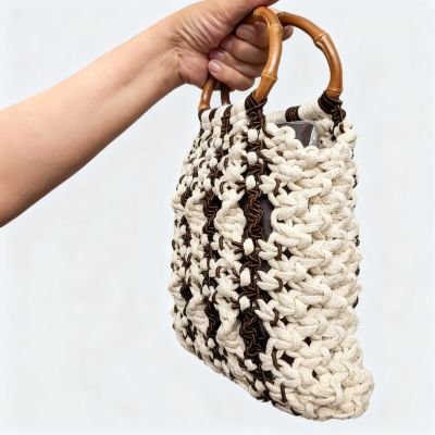 حقيبة يد مكرمية بوهو &ndash; لون كريمي وبني