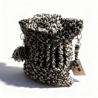 حقيبة مكرمية بتصميم التويد &ndash; صوف أسود وأبيض