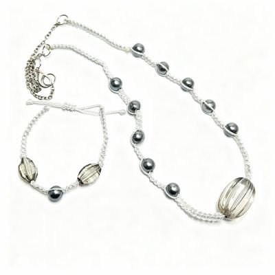 Silver Silk & Hematite Bead Necklace and Bracelet