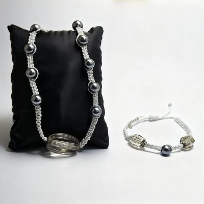 Silver Silk & Hematite Bead Necklace and Bracelet