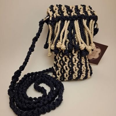 Two-Tone Macrame Phone Pouch - Crossbody Mobile Bag - Navy & Cream 
