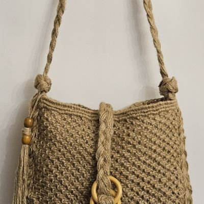 حقيبة توت باج مكرمية - خيش طبيعي