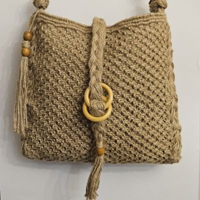 حقيبة توت باج مكرمية - خيش طبيعي