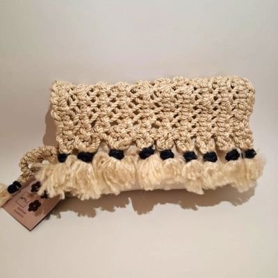 Macrame and linen Clutch - Cream 