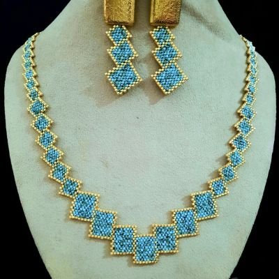 Turquoise rectangular necklace set made of Miyuki beads