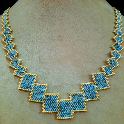 Turquoise rectangular necklace set made of Miyuki beads