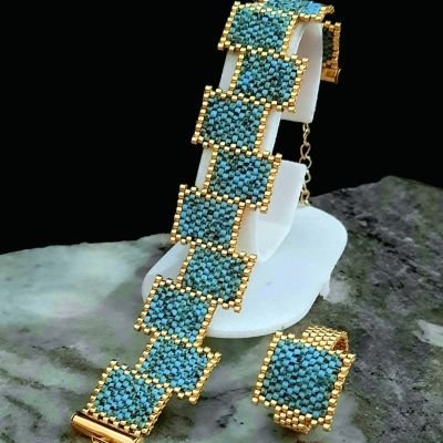 Turquoise rectangular bracelet set made of Miyuki beads