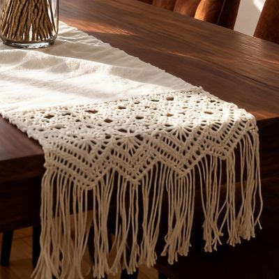 Linen and macrame table runner 160 x 40 cm - PURE
