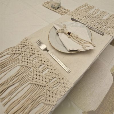 Linen and macrame placemat 45 x 30 cm set of 6 - PURE