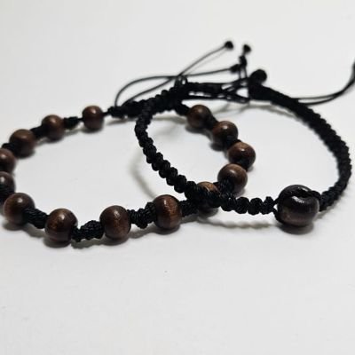 Macrame Bracelet Set of 2 - Adjustable Wooden Bead Brown Bracelets