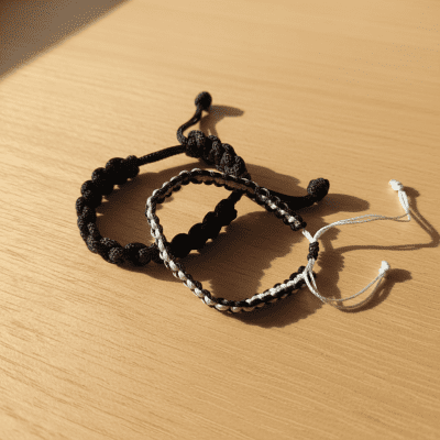 Handmade Black & White Macrame Bracelet Set &ndash; Adjustable Square Knot Duo