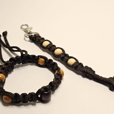Brown Macrame Set - Matching Wooden Bead Bracelet and Keyring