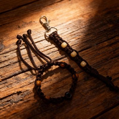 Brown Macrame Set - Matching Wooden Bead Bracelet and Keyring