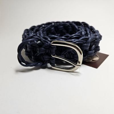 Handmade Navy Blue Macrame Belt - Braided Cord Belt with Silver Buckle