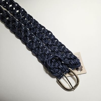 Handmade Navy Blue Macrame Belt - Braided Cord Belt with Silver Buckle