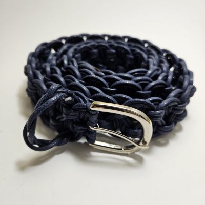 Handmade Navy Blue Macrame Belt - Braided Cord Belt with Silver Buckle