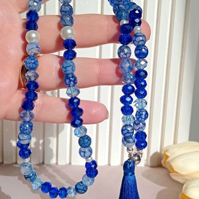 مسبحة صلاة مكونة من 99 حبة، 4 في 1، مصنوعة من مزيج من العقيق والكريستال.