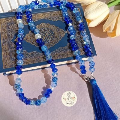 مسبحة صلاة مكونة من 99 حبة، 4 في 1، مصنوعة من مزيج من العقيق والكريستال.