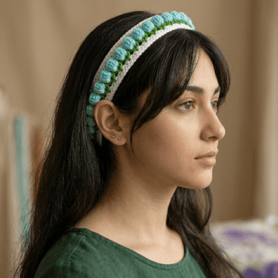 Handmade Crochet "Tulip" Headband - White & Turquoise.