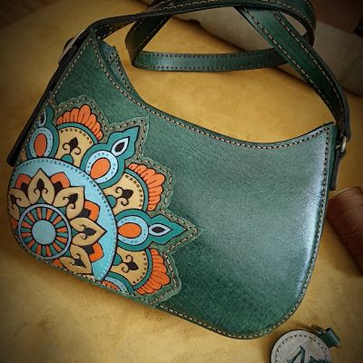 Handmade genuine leather mandala design bag