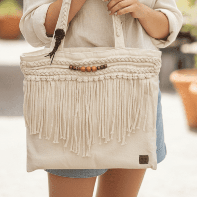 Linen and macrame tote bag