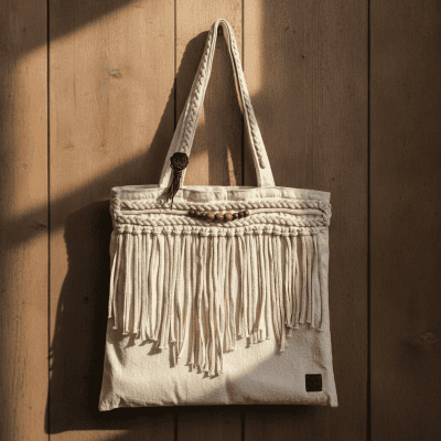 Linen and macrame tote bag