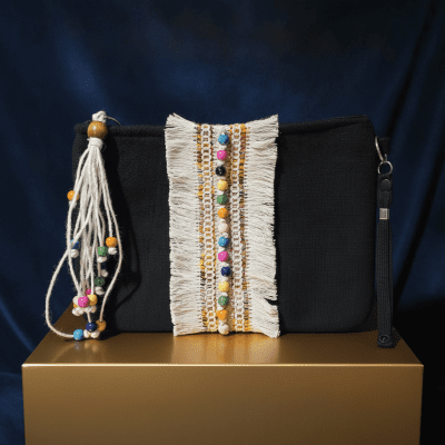 Clutch Linen and macrame - Black