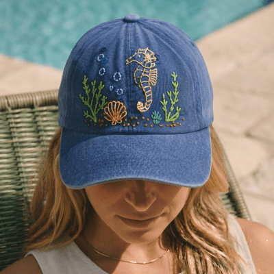 Hand-embroidered denim cap