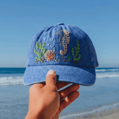 Hand-embroidered denim cap